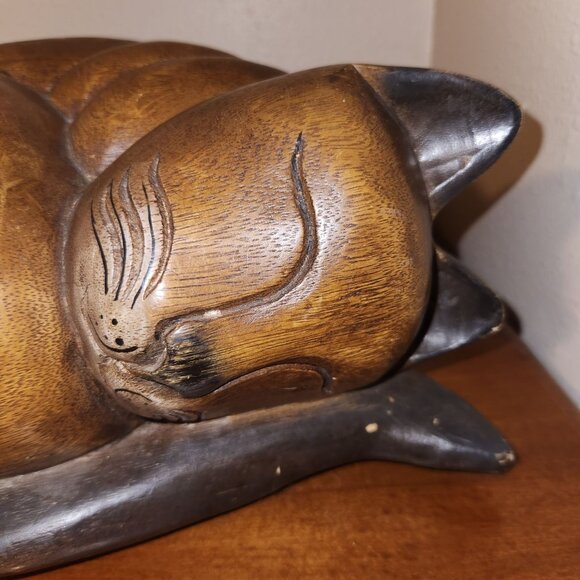 Sleeping Cat Wooden Sculpture Hand-Carved Decor 10" H x 9" L - Picture 3 of 11